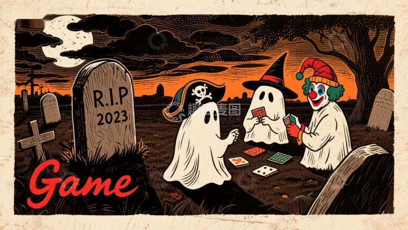 高清大图下载【趣麦麦图】万圣节幽灵在墓地玩纸牌游戏
