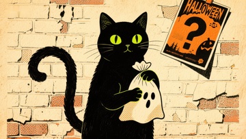 黑猫手持幽灵袋，背景墙贴万圣节海报