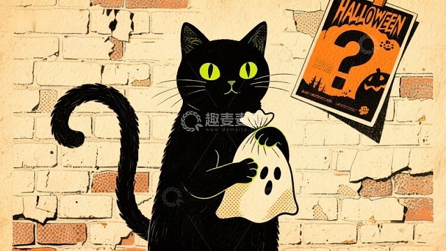 黑猫手持幽灵袋，背景墙贴万圣节海报