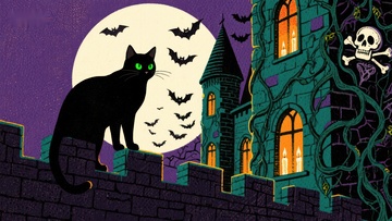 月夜城堡上的黑猫与蝙蝠