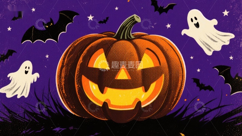 高清大图下载【趣麦麦图】万圣节南瓜灯与幽灵蝙蝠