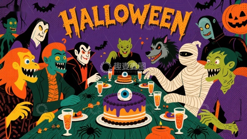 高清大图下载【趣麦麦图】万圣节怪物聚餐场景