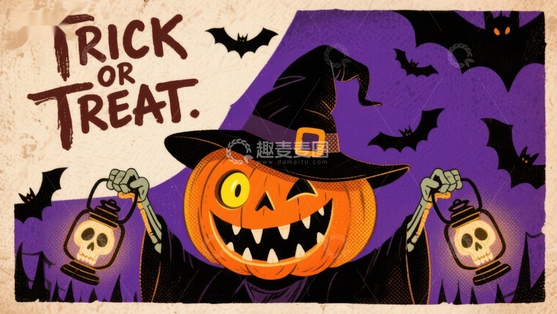 高清大图下载【趣麦麦图】万圣节南瓜巫师手持骷髅灯