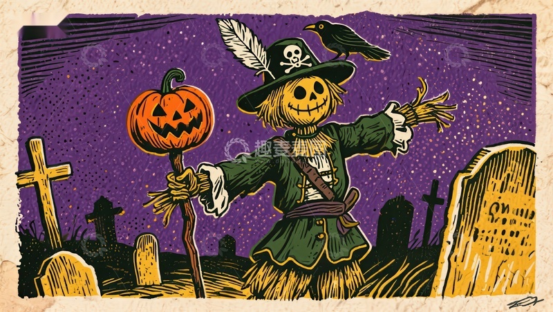 高清大图下载【趣麦麦图】万圣节墓地中的南瓜头稻草人