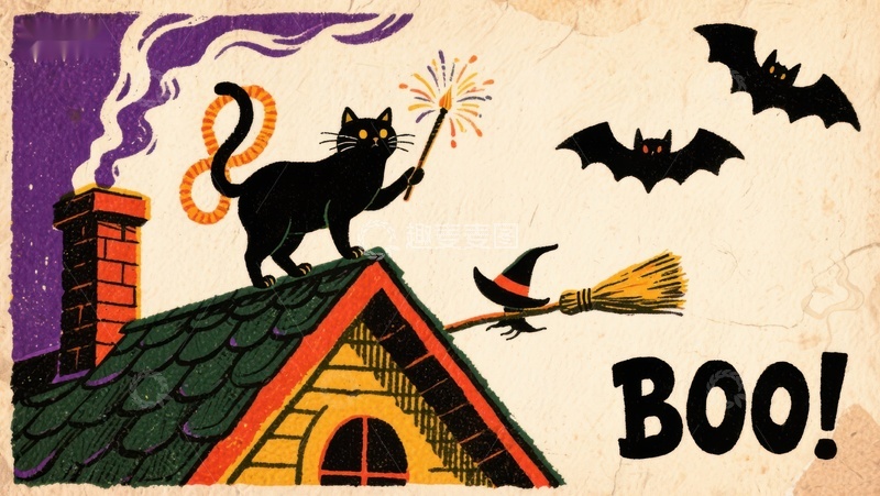 高清大图下载【趣麦麦图】万圣节夜景：黑猫与女巫