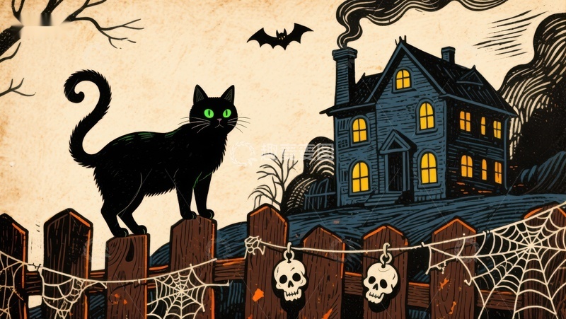 高清大图下载【趣麦麦图】万圣节夜景：黑猫与幽灵屋