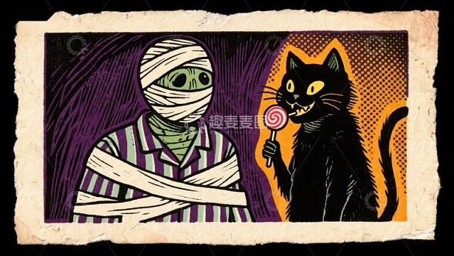 木乃伊与黑猫共享棒棒糖