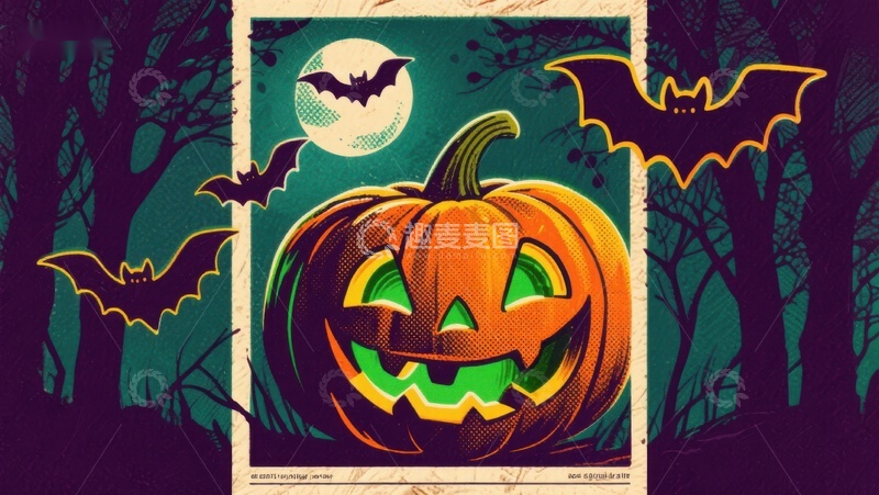 高清大图下载【趣麦麦图】万圣节南瓜灯与飞舞蝙蝠
