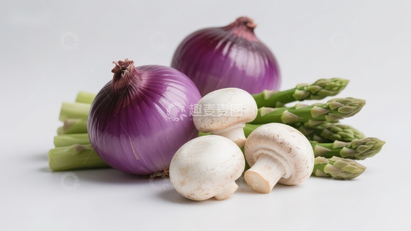 高清大图下载【趣麦麦图】洋葱蘑菇芦笋静物组合