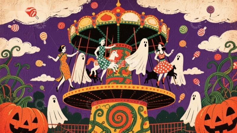 高清大图下载【趣麦麦图】-万圣节旋转木马上的幽灵与舞者