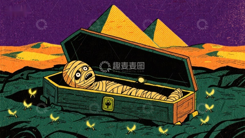 沙漠夜景中的木乃伊与金字塔