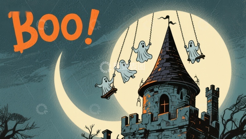 高清大图下载【趣麦麦图】幽灵荡秋千，城堡夜景