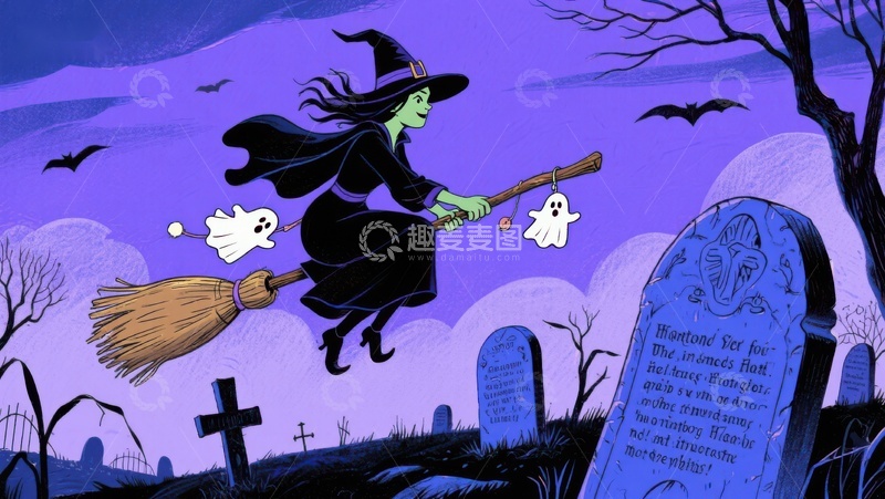 高清大图下载【趣麦麦图】万圣夜女巫骑扫帚飞过墓地