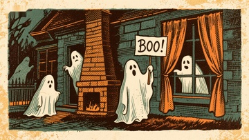 幽灵在夜晚的房屋前嬉戏