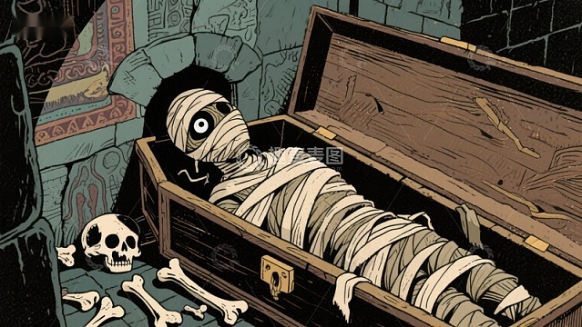 木乃伊躺在打开的棺材中