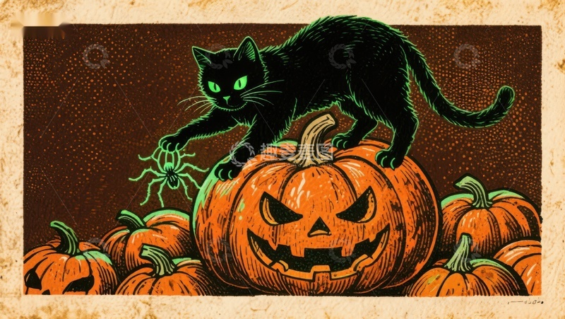高清大图下载【趣麦麦图】黑猫攀爬南瓜灯，蜘蛛点缀