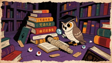猫头鹰在图书馆中探索神秘书籍