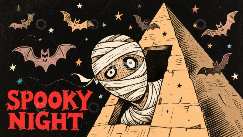 木乃伊从金字塔探出，夜空蝙蝠飞舞