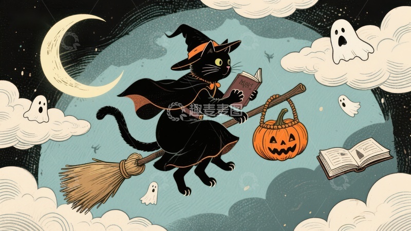 高清大图下载【趣麦麦图】巫师黑猫夜空飞行