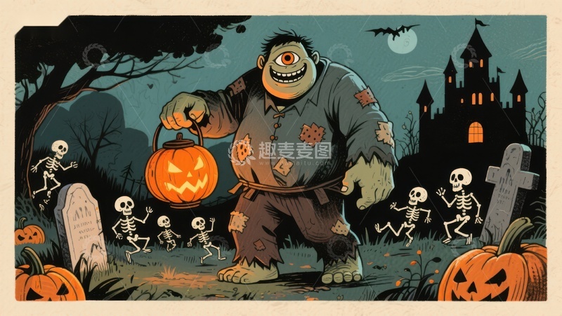 高清大图下载【趣麦麦图】万圣夜怪兽提灯，骷髅舞动墓园