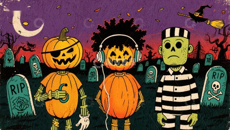 高清大图下载【趣麦麦图】万圣节夜的南瓜与僵尸