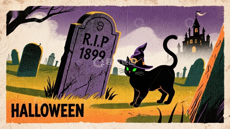 高清大图下载【趣麦麦图】万圣节墓地黑猫插画