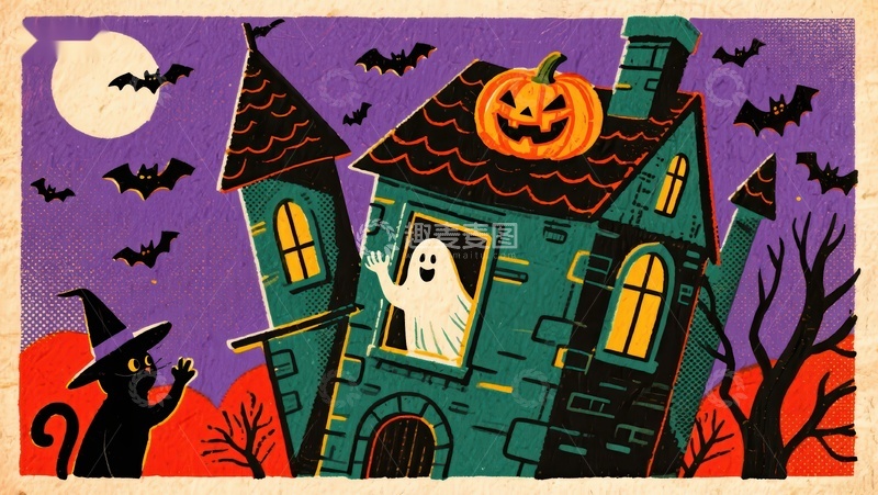 高清大图下载【趣麦麦图】万圣节幽灵屋夜景插画