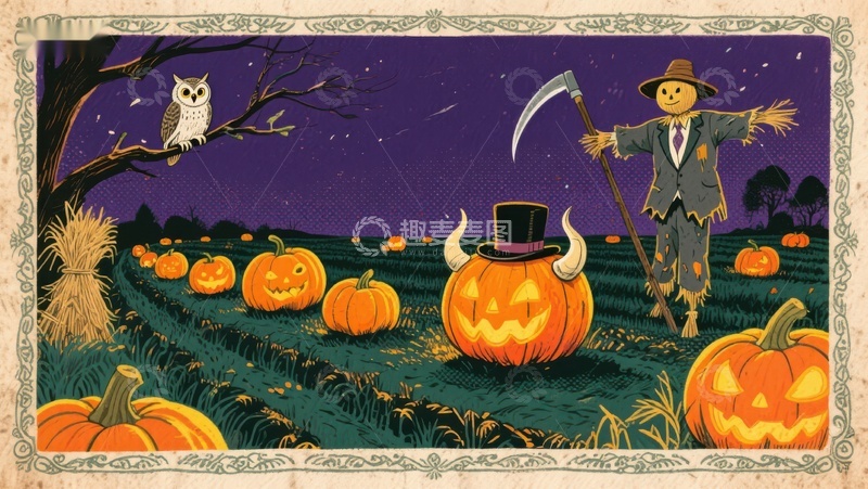 高清大图下载【趣麦麦图】万圣节南瓜田里的稻草人与猫头鹰