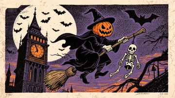 万圣夜巫师与骷髅的飞行