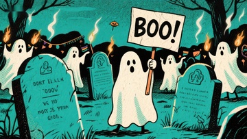 幽灵墓地夜景，手持‘BOO！’标语