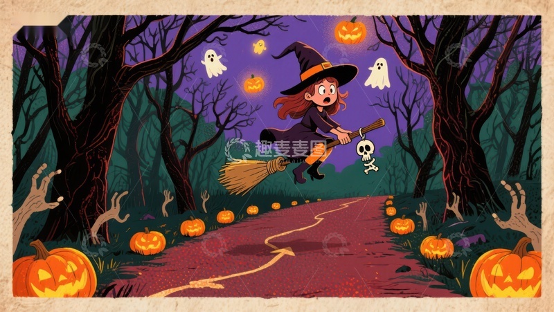 高清大图下载【趣麦麦图】万圣节女巫夜行森林