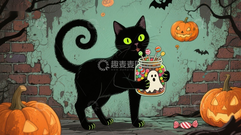 高清大图下载【趣麦麦图】万圣节黑猫手持糖果罐