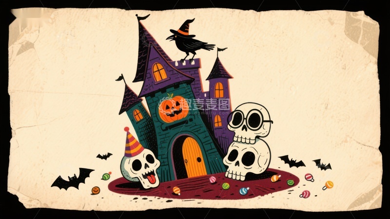 高清大图下载【趣麦麦图】万圣节幽灵屋与骷髅装饰
