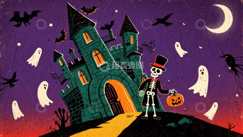 高清大图下载【趣麦麦图】万圣夜骷髅与幽灵城堡