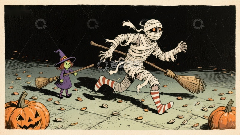 高清大图下载【趣麦麦图】万圣节夜，木乃伊与小女巫的追逐