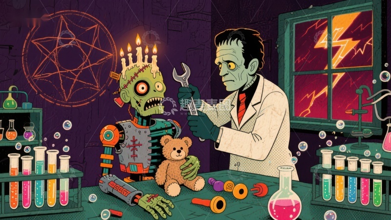 高清大图下载【趣麦麦图】实验室里的科学怪人与小熊