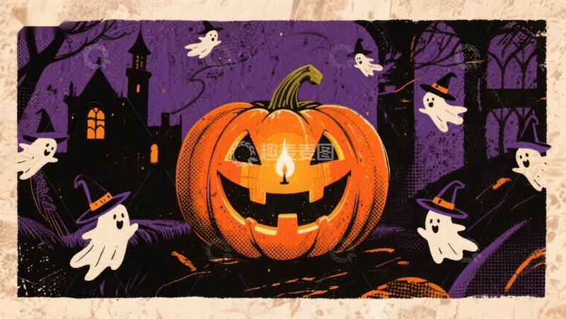 高清大图下载【趣麦麦图】万圣节南瓜灯与幽灵的夜景