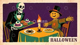 骷髅与稻草人共度万圣节晚餐