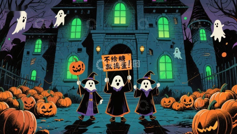 高清大图下载【趣麦麦图】万圣节夜景：小巫师讨糖