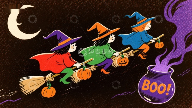 高清大图下载【趣麦麦图】万圣节女巫乘扫帚飞行