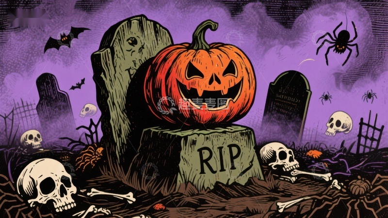 高清大图下载【趣麦麦图】万圣节墓地南瓜灯