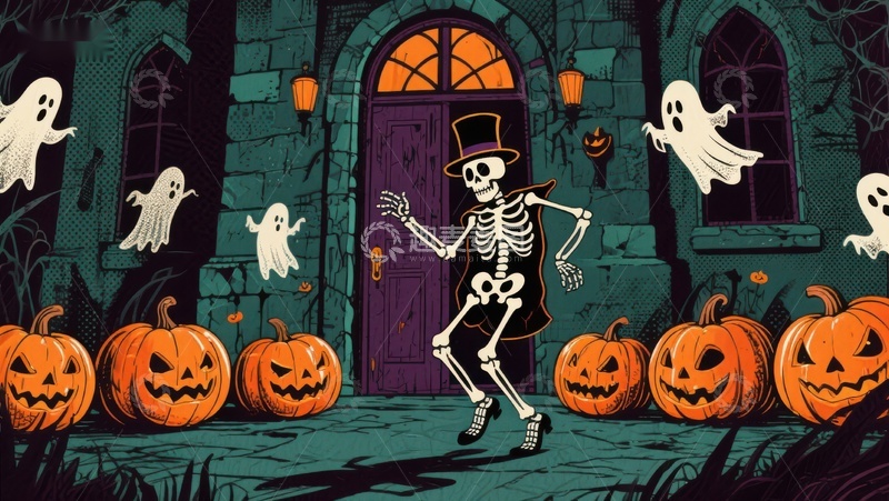高清大图下载【趣麦麦图】万圣节骷髅舞者与南瓜灯