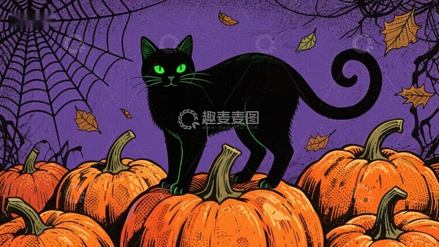 万圣节黑猫与南瓜的神秘场景