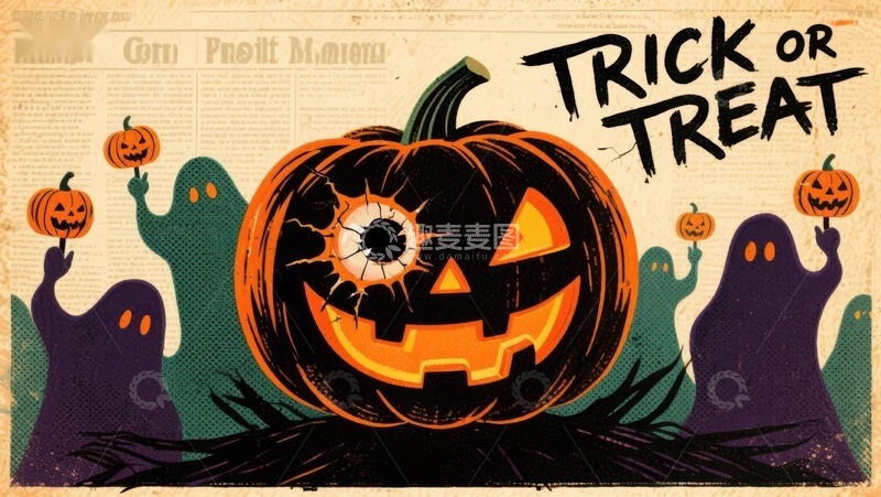 高清大图下载【趣麦麦图】万圣节南瓜灯与幽灵背景图