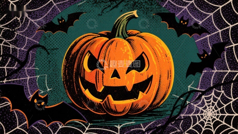 高清大图下载【趣麦麦图】万圣节南瓜灯与蝙蝠的夜景