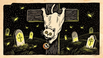 夜墓猫影：幽灵般的猫咪倒挂墓地
