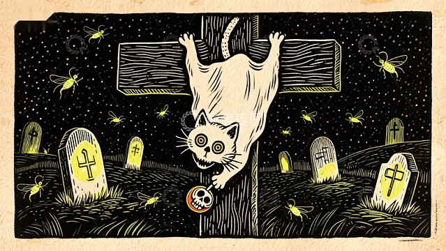 夜墓猫影：幽灵般的猫咪倒挂墓地