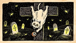 夜墓猫影：幽灵般的猫咪倒挂墓地