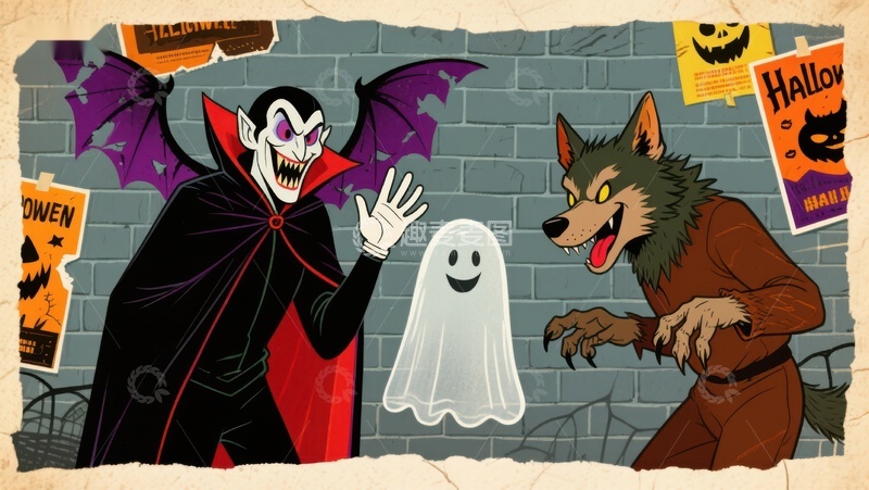 高清大图下载【趣麦麦图】万圣节主题插画：吸血鬼、狼人与幽灵