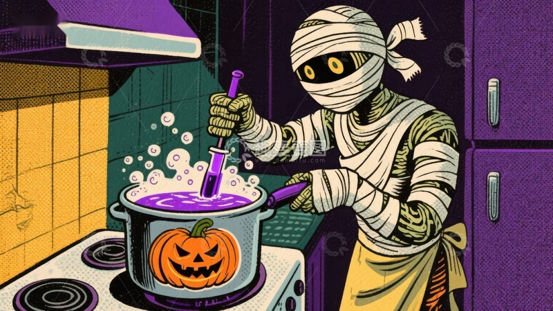 高清大图下载【趣麦麦图】木乃伊厨房烹饪紫色魔药